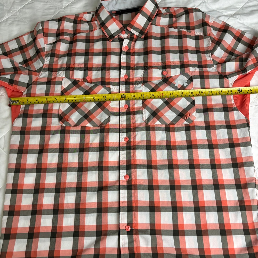 Under Armour Mens L Plaid Button Up Shirt Orange Gray HeatGear Vent Short Sleeve - Picture 11 of 13